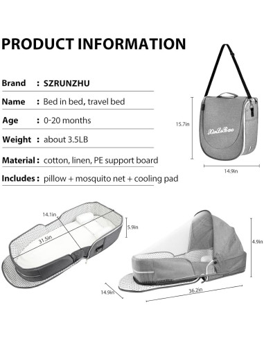 Cuna portátil de viaje SZRUNZHU gris con mosquitera y bolsa