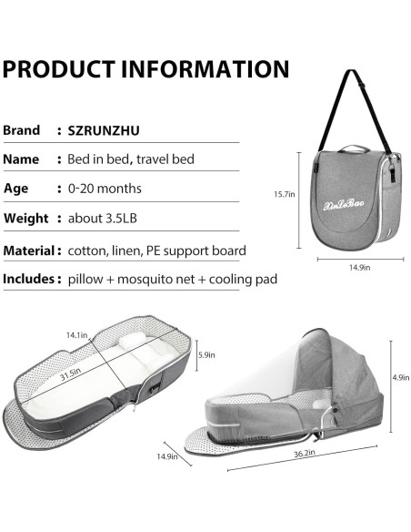 Cuna portátil de viaje SZRUNZHU gris con mosquitera y bolsa