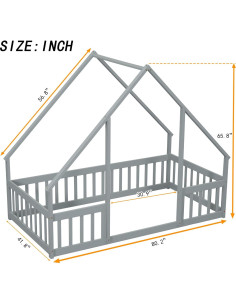 Cama Casa de Piso Individual Luckiofvonne con Barandillas Gris 2