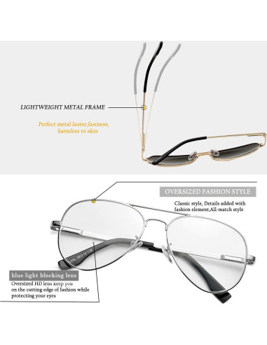 Gafas de Aviador HJSTES Lentes Transparentes Anti-Luz Azul