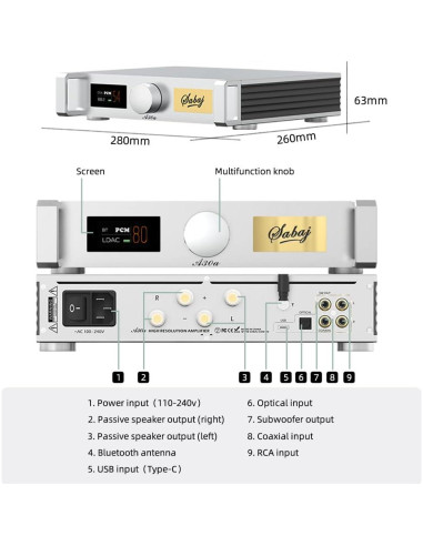 Amplificador Hi-Fi Sabaj A30a 200W, USB, Bluetooth, Coaxial