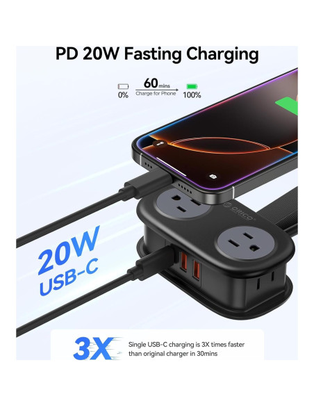 Regleta de Viaje ORICO AP3 20W 4 Salidas AC 3 USB Negro