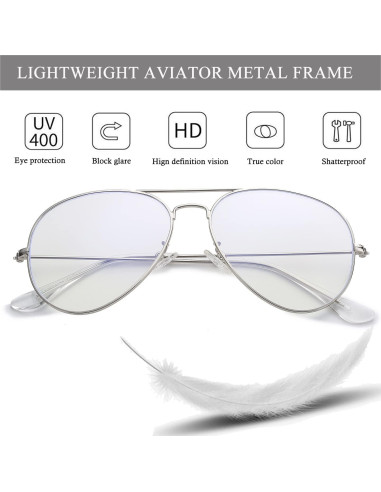 Gafas de Aviador HJSTES Lentes Anti Luz Azul Plata