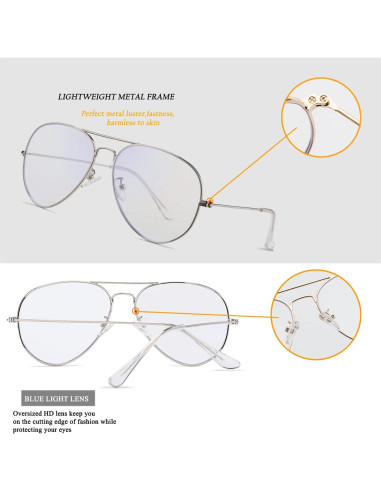 Gafas de Aviador HJSTES Lentes Anti Luz Azul Plata