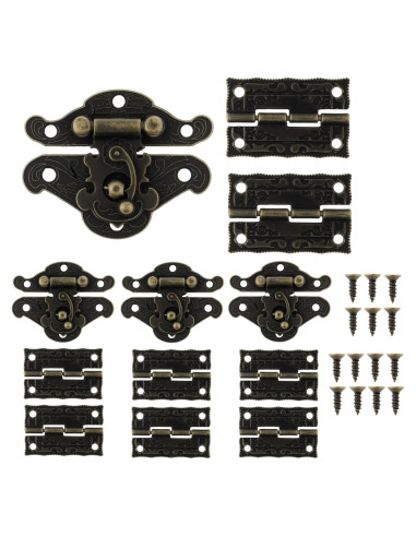 Kit de Bisagras y Cerraduras Vintage HOJLKLD - 4 Cerraduras y 8 Bisagras de Bronce Antiguo