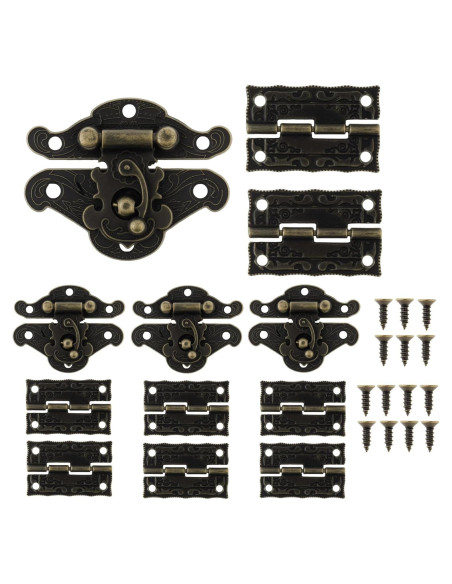 Kit de Bisagras y Cerraduras Vintage HOJLKLD - 4 Cerraduras y 8 Bisagras de Bronce Antiguo