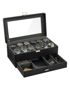 Caja de Reloj ProCase 12 Compartimentos con Tapa de Vidrio - Negro