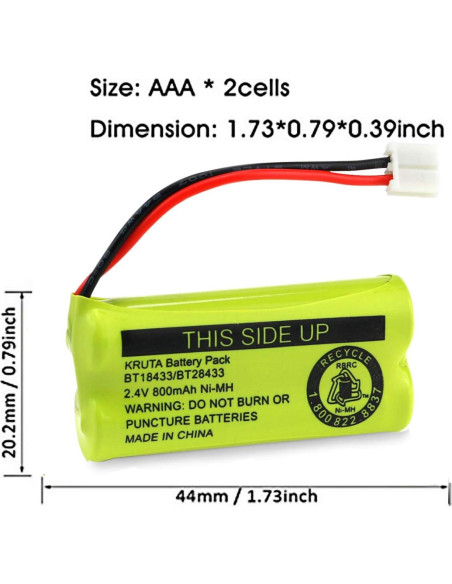 Batería Recargable Kruta BT18433 2.4V 800mAh Ni-MH Paquete 4