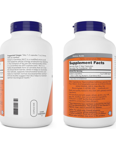 Acetil L-Carnitina 500mg NOW Foods 360 Cápsulas Veganas