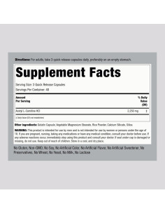 Acetil L-Carnitina HCL Piping Rock 2250mg 120 Cápsulas Suplemento 2