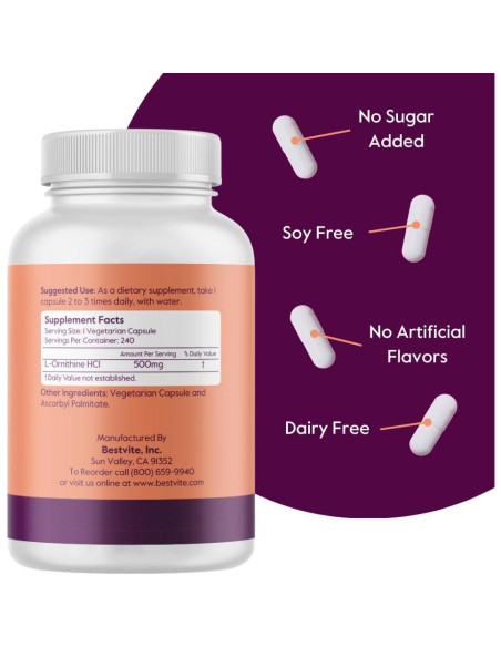 Suplemento L-Ornitina 500mg Bestvite 240 Cápsulas Veganas
