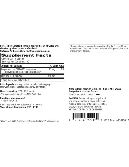 Suplemento Antioxidante Klaire Labs Glutatión 150mg - 100 Cápsulas Hipoalergénicas