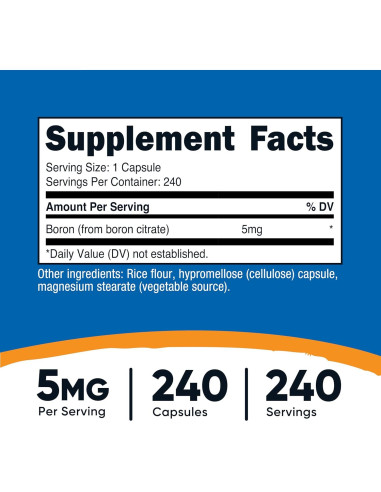 Cápsulas de Boro Nutricost 5mg - 240 Vegetarianas Sin Gluten
