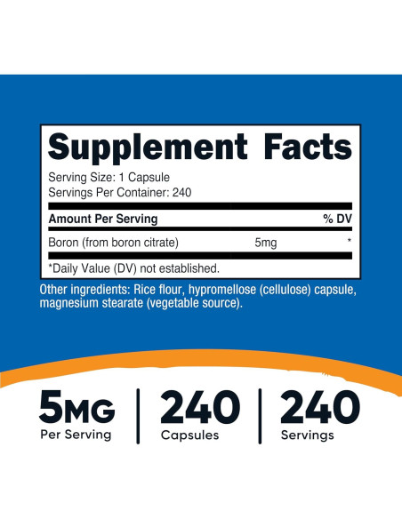 Cápsulas de Boro Nutricost 5mg - 240 Vegetarianas Sin Gluten