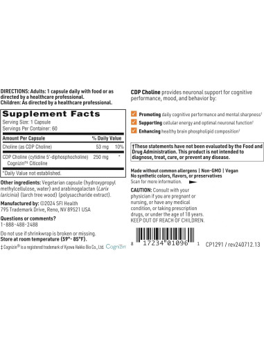 Suplemento de Colina Klaire Labs 250mg - 60 Cápsulas Hipoalergénicas