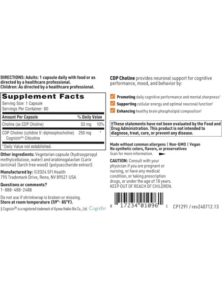 Suplemento de Colina Klaire Labs 250mg - 60 Cápsulas Hipoalergénicas