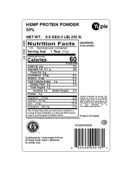 Polvo de Proteína de Cáñamo Yupik 50% 248 Gramos