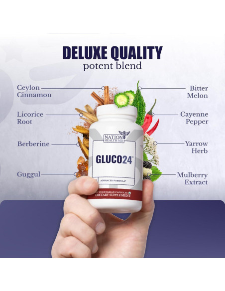 Suplemento Gluco24 Nation Health MD - 60 Cápsulas Energía y Salud