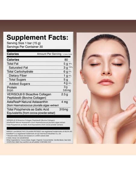 Barras de Chocolate Cacao Bella con Colágeno y Astaxantina - 90g