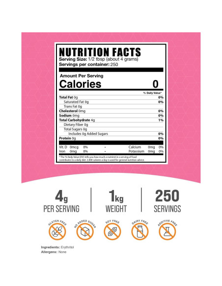 Edulcorante Erythritol Granulado BulkSupplements 1kg - Cero Calorías