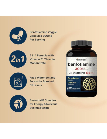 NatureBell Benfotiamina 300mg y Tiamina 100mg - 240 Cápsulas Vegetales