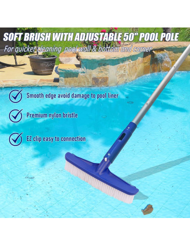 Kit de Limpieza de Piscina Poolvio, Cepillo 25.4 cm y Polo 127 cm