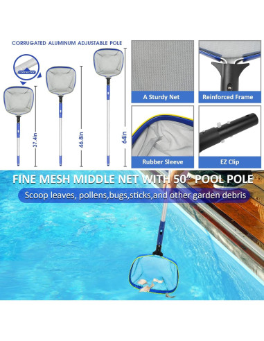 Kit de Limpieza de Piscina Poolvio, Cepillo 25.4 cm y Polo 127 cm