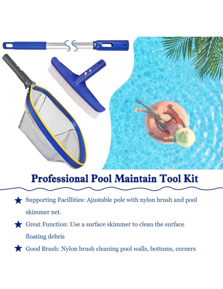 Kit de Limpieza de Piscina Poolvio, Cepillo 25.4 cm y Polo 127 cm