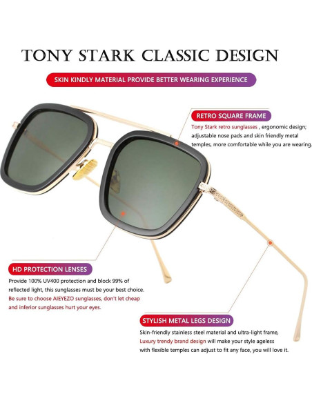 Gafas de sol AIEYEZO Tony Stark Cuadradas UV 100% Oro/Negro