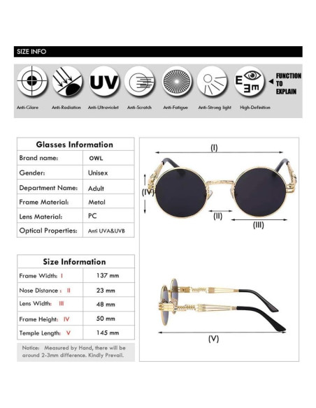 Gafas de sol redondas Steampunk metálicas UV400 doradas