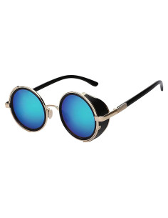 Gafas de sol redondas Steampunk Metal UV400 Oro/Mirador Azul