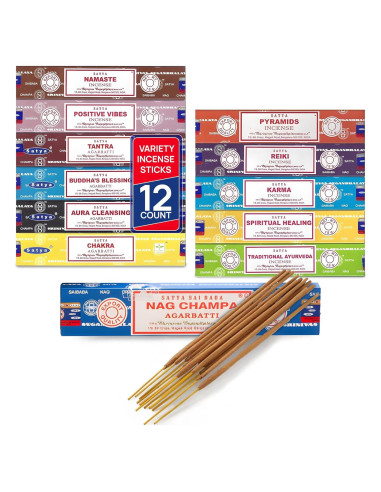 Varitas de Incienso Satya - Paquete de 12 Aromas Tradicionales
