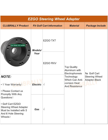 Adaptador de Volante Golf EZGO TXT RXV CLUBRALLY - Negro