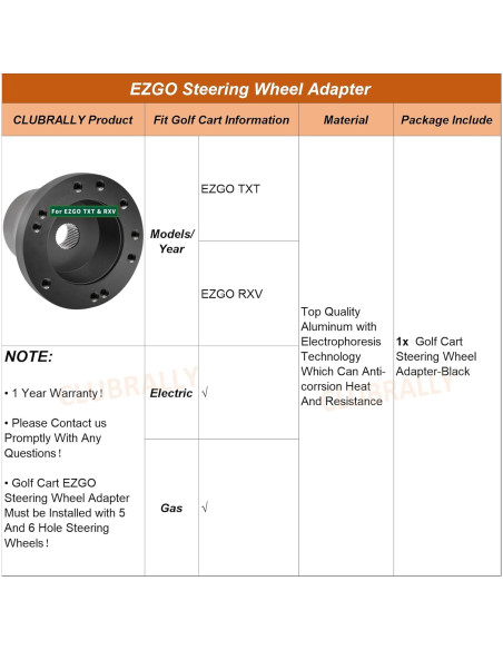 Adaptador de Volante Golf EZGO TXT RXV CLUBRALLY - Negro