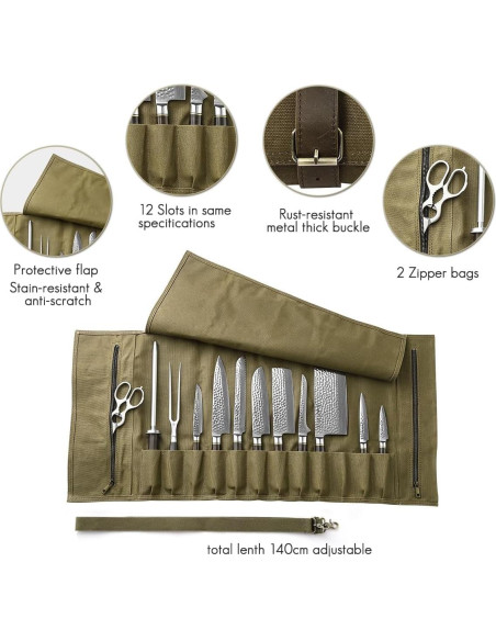 Bolsa de Cuchillos de Chef HEZHEN Lona Aceitada 12 Compartimentos