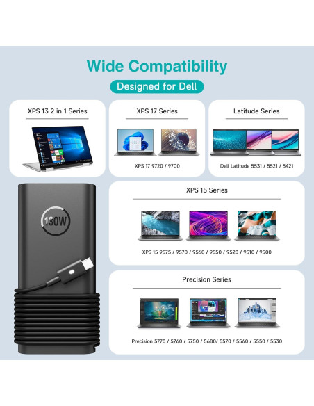 Cargador USB C 130W para Dell XPS 15 2-en-1 y Precision