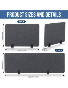 Divisores Acústicos de Escritorio Yaomiao 3 Pcs Gris 152.4x40.6cm 2