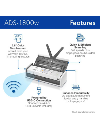 Escáner Compacto Brother ADS-1800W Inalámbrico 30ppm