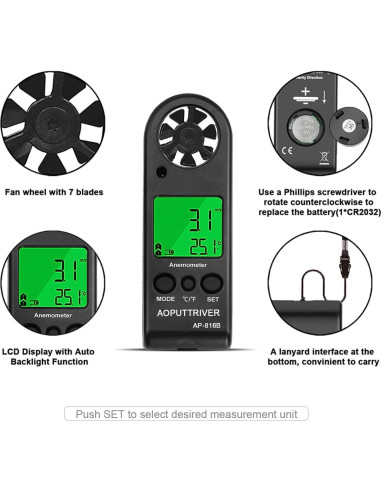 Anemómetro Digital AOPUTTRIVER AP-816B Mini Precisión