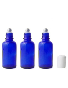 3 Botellas de Vidrio Azul 30ml con Rodillo Acero Inoxidable