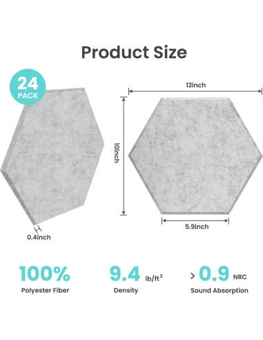 Paneles Acústicos Hexagonales 24-Pack Grises 30.5x22.9cm