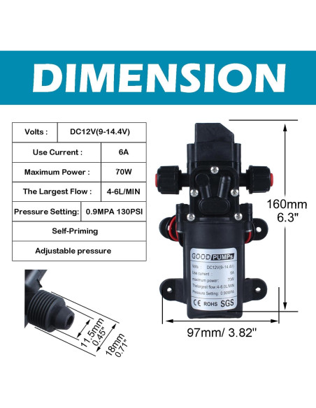 Bomba de Pulverización de Agua DIANQI 12V 70W Autocebante 6L/min