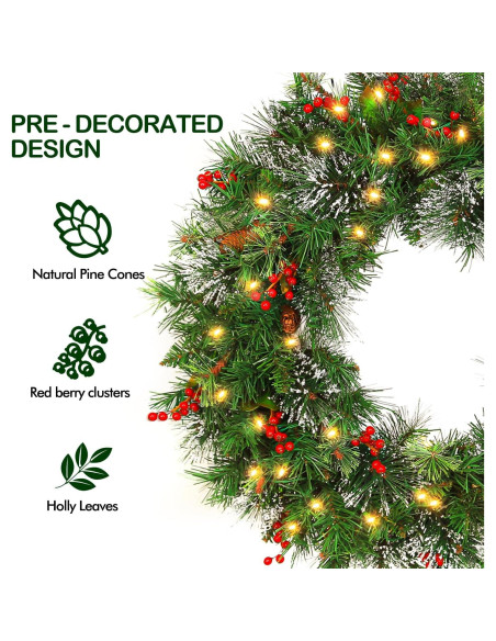 Corona Navideña Preiluminada Hykolity 61 cm con 50 Luces LED