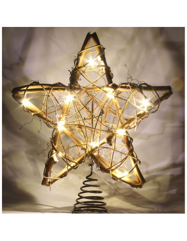 Adorno Superior Estrella de Ratan Natural LAWOHO 25.4 cm con 10 Luces LED