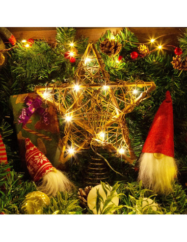 Adorno Superior Estrella de Ratan Natural LAWOHO 25.4 cm con 10 Luces LED
