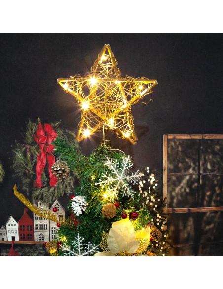 Adorno Superior Estrella de Ratan Natural LAWOHO 25.4 cm con 10 Luces LED