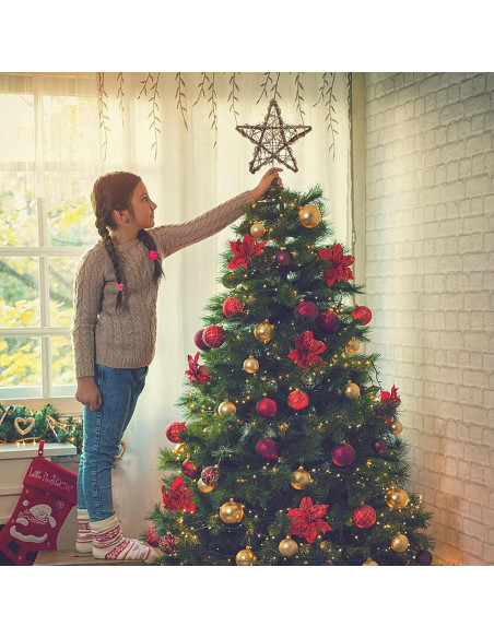 Adorno Superior Estrella de Ratan Natural LAWOHO 25.4 cm con 10 Luces LED