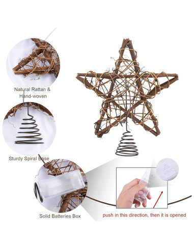 Adorno Superior Estrella de Ratan Natural LAWOHO 25.4 cm con 10 Luces LED