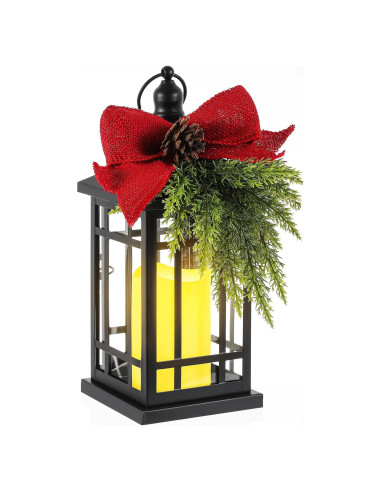 Linterna Navideña Vintage ROCEEI 14" con Vela LED y Cedro