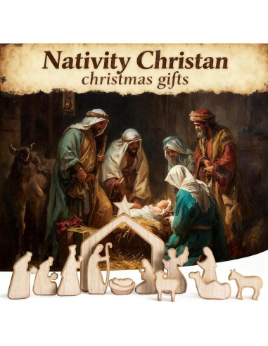 Conjunto de Escena de Natividad NEROSUN 13 Piezas Madera
